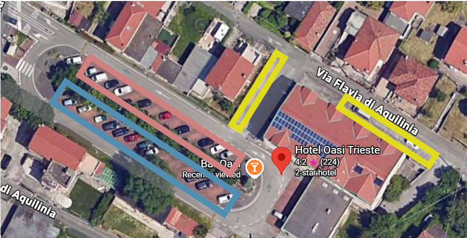 Aerial map of outdoor parking areas around Hotel Oasi, colour-coded by rules