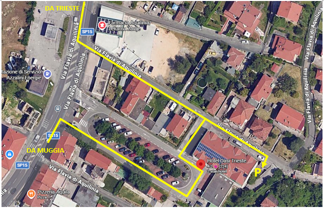 Aerial map of the driving route to the garage from Trieste and from Muggia